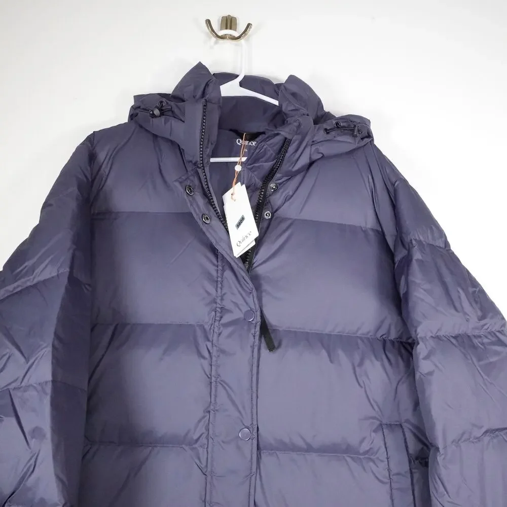 EUC Quince Women's XL Responsible Down Long Puffer Coat Storm Blue $200 Preppy